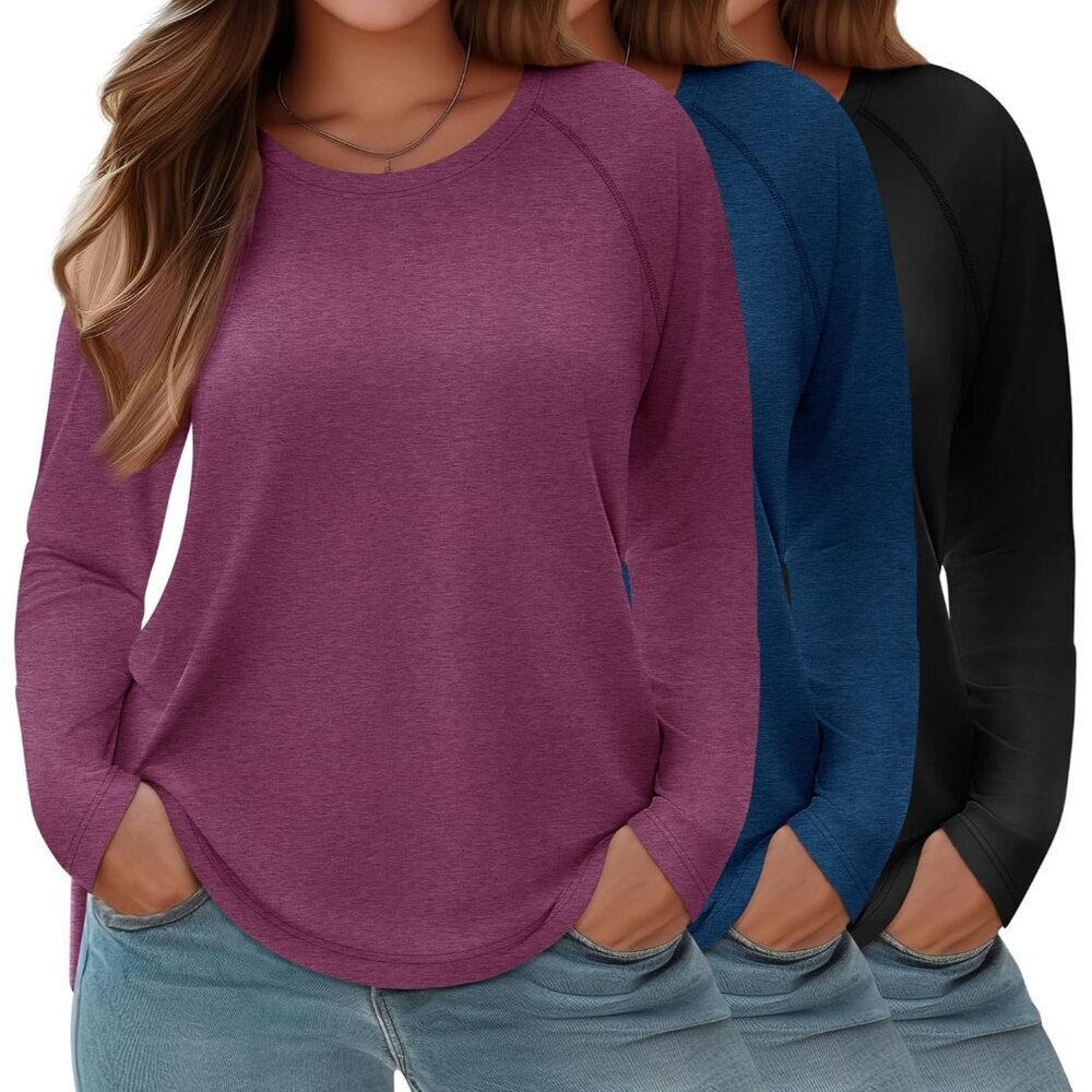 3 Pack Women's Plus Size Long Sleeve Casual Shirts Crew Neck Tunic